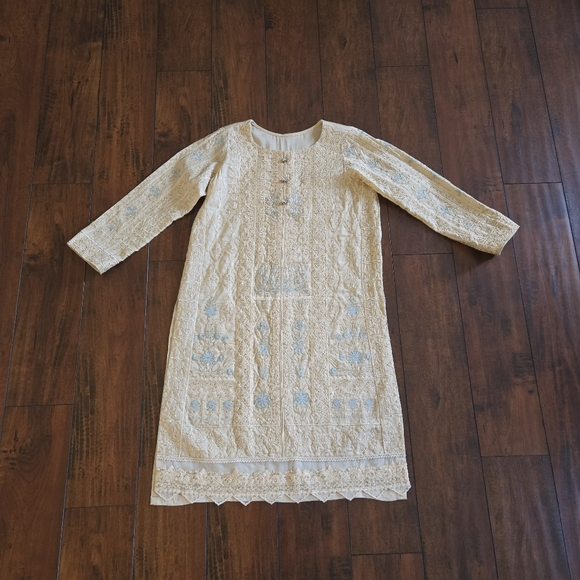 Embroidered Salwar Kameez Dupatta Long Scarf Beige Gold Organza Party Wear Dress - Picture 2 of 14